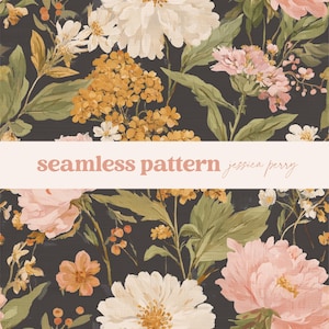 Puede incluir: Un patrón floral sin costuras con grandes flores blancas y rosas, junto con flores amarillas y blancas más pequeñas, sobre un fondo oscuro. El texto "seamless pattern jessica perry" se muestra en la imagen.