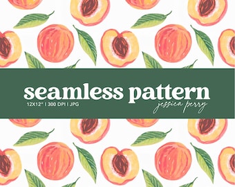 Peaches Botanical Seamless Pattern, Bold Summer Peaches Repeating Pattern, Colorful Fruit Digital Paper Background