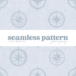 May include: A seamless pattern featuring compass rose designs in a light blue color, set against a textured background. The design includes the text "seamless pattern" and the name "jessica perry".