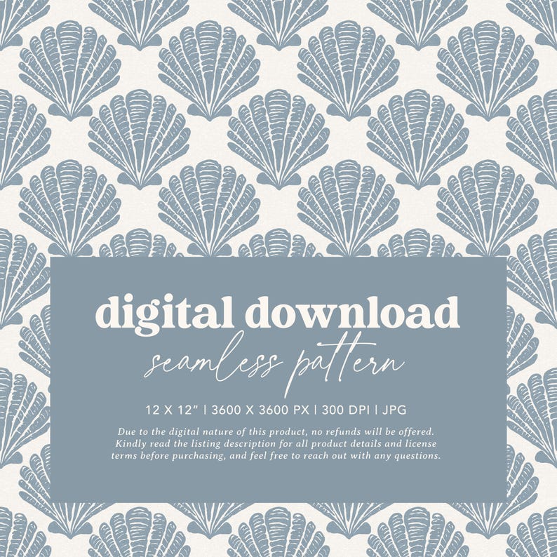 Blue Sea Shells Seamless Pattern, Block Print Coastal Sea Shells ...