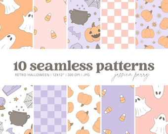 Retro Halloween Seamless Patterns, Groovy Floral Halloween Digital Papers, Cute Ghost Repeating Pattern, Spooky October Backgrounds