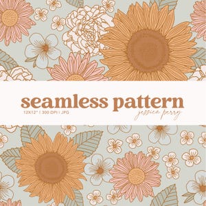 May include: A seamless floral pattern with sunflowers, daisies, and other flowers in peach, orange, and white on a pale blue background. The text "seamless pattern" is displayed in a brown font, along with the designer's name.