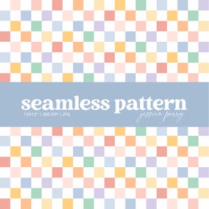Może przedstawiać: Bezszwowy wzór z siatką pastelowych kwadratów w odcieniach różu, pomarańczy, żółci, zieleni i fioletu. Projekt zawiera tekst "seamless pattern" i "jessica perry". Wymiary to 30,48 x 30,48 cm.