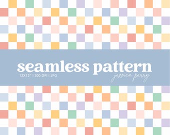 May include: A seamless pattern design with a grid of pastel-coloured squares in shades of pink, orange, yellow, green, and purple. The design includes the text "seamless pattern" and "jessica perry". The dimensions are 30.48 x 30.48 cm.