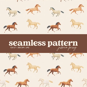 Puede incluir: Un patrón sin costuras con ilustraciones de caballos corriendo en varios colores, incluyendo beige, marrón y blanco, sobre un fondo crema. El texto "seamless pattern" se muestra en una pancarta marrón.