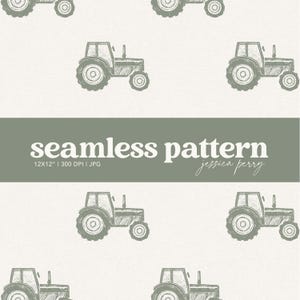 Green Tractor Seamless Pattern, Baby and Kids Nursery Farm Repeating Pattern, Vintage Tractor Digital Paper Background