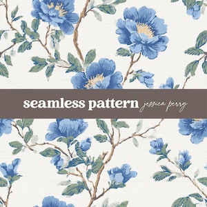 Può includere: Motivo floreale senza cuciture con grandi fiori blu, centri gialli e foglie verdi su sfondo crema. Sono visibili anche rami marroni e il testo "seamless pattern jessica perry".
