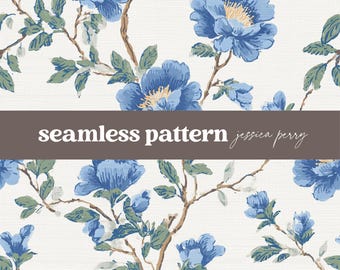 Blue Chinoiserie Floral Seamless Pattern, Blue and Sage Botanical Flower Repeating Pattern, Victorian Floral Digital Paper Background
