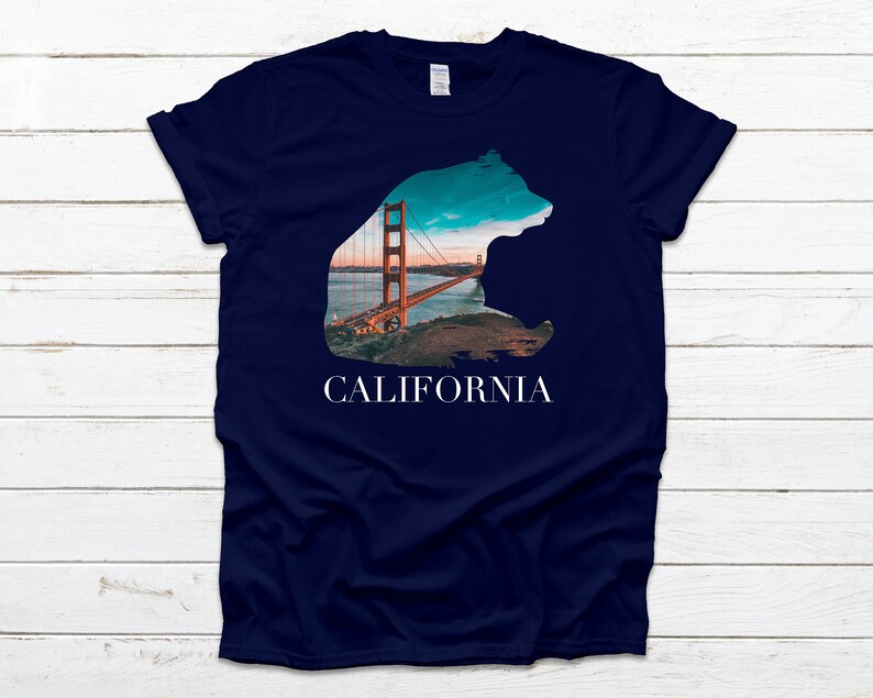 navy t shirt with a bear with text saying California