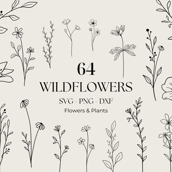 Fleurs sauvages Svg, Bundle de fleurs sauvages, fleurs minimalistes Png, Clipart usage Commercial