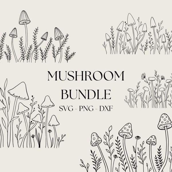 Row of Mushrooms Svg Bundle, Mushroom Svg, Fungi Clipart, Cute Mushroom Svg