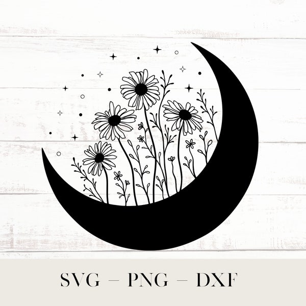 Crescent Moon Svg, Daisy Svg, Floral Moon PNG, Half Moon Cutfile