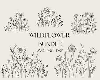 Wildblumen Bundle SVG, Blumenwiese SVG, Blumenrand SVG, Minimalistischer Blumenstrauß, Wildblumen Clipart