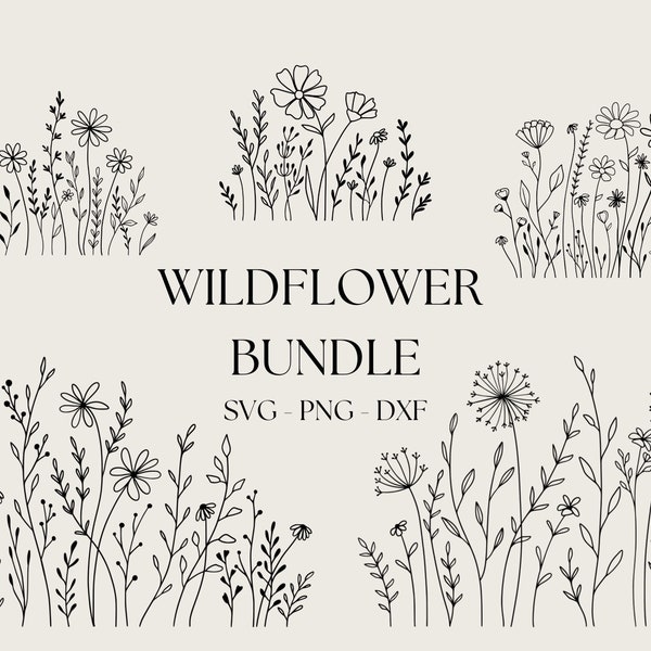 Bundle de fleurs sauvages Svg, prairie de fleurs Svg, bordure de fleurs SVG, bouquet de fleurs minimaliste, clipart fleurs sauvages