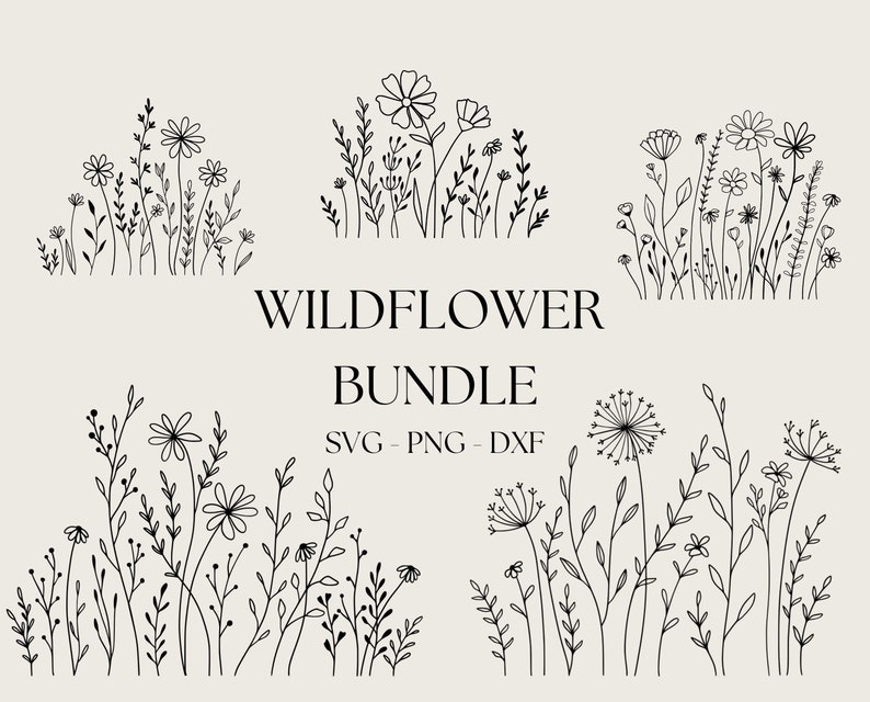 Hand drawn black and white flower meadow border designs