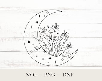 Blooming Moon Svg, Crescent Moon with Flowers PNG, Half Moon Cutfile