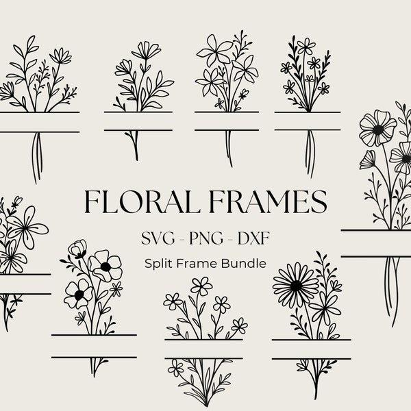 Marco dividido SVG, marco de monograma floral SVG, flores silvestres svg, ramo de flores dibujado a mano Svg