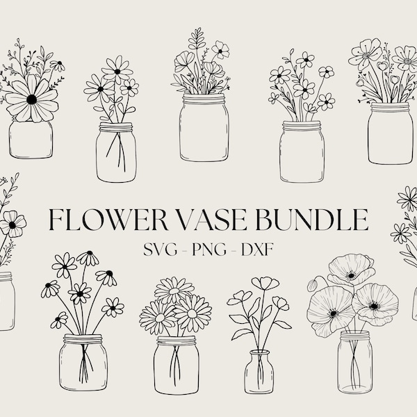 Pot Mason SVG, lot de Vase de fleurs SVG, SVG de fleurs sauvages, Svg botanique, dessin au trait floral minimaliste Png