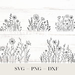 Wildblumen Bundle SVG, Blumenwiese SVG, Blumenrand SVG, Minimalistischer Blumenstrauß, Wildblumen Clipart Bild 3