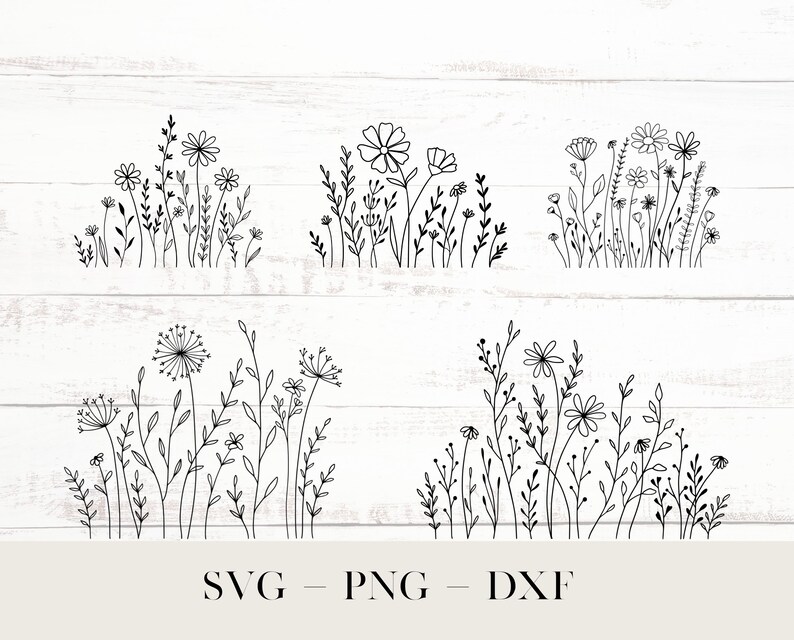 Bundle de fleurs sauvages Svg, prairie de fleurs Svg, bordure de fleurs SVG, bouquet de fleurs minimaliste, clipart fleurs sauvages image 3