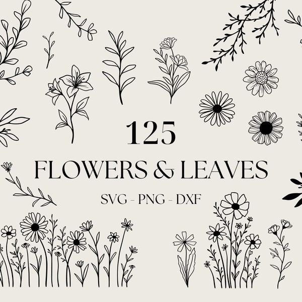 Flowers And Leaves Svg, Floral SVG Bundle, Minimalist Flower Bouquet, Botanical SVG, Floral Lineart, Wildflowers art Svg