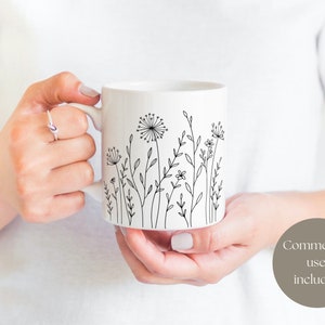 White coffee mug with minimalist field plant image