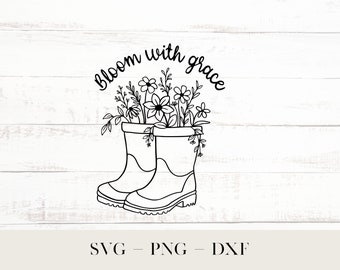 Floral bottes de pluie SVG, botte en caoutchouc PNG, bottes de pluie avec des fleurs, clipart botte fleur, Lineart fleur Svg, fleurir avec grâce