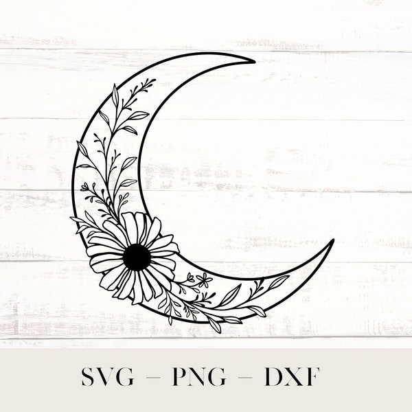 Mystical Moon Svg, Floral Crescent Moon PNG, Commercial Use Clipart
