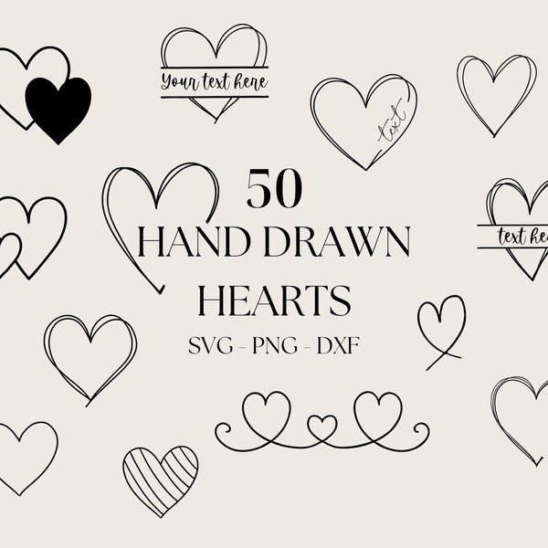 Hand-drawn Hearts Bundle, Doodle Heart SVG, Double Heart Svg, Simple Heart PNG, Cricut Single Line SVG