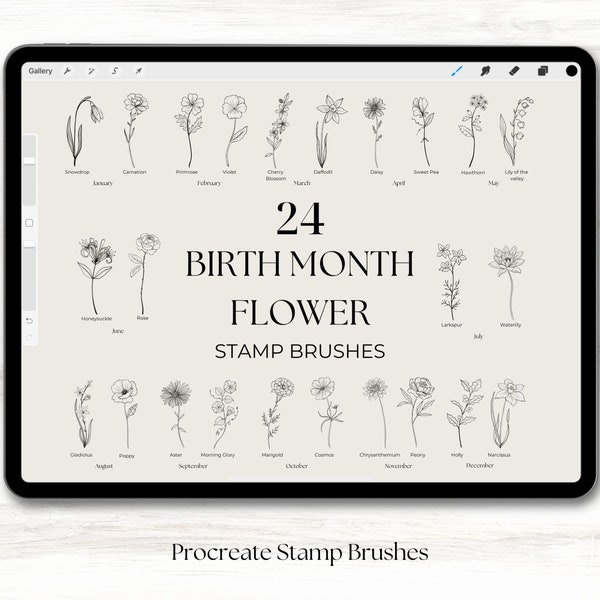 Birth Flower Procreate, Flower Stamps, Digital Stamps, Procreate Brushes