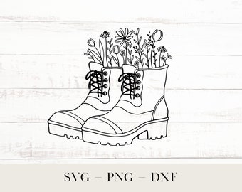 Arbeitsstiefel svg, florale Schnürstiefel SVG, florale Stiefel PNG, Stiefel mit Wildblumen, Blumenstiefel Clipart, LineArt Blume svg, florale Schuhe