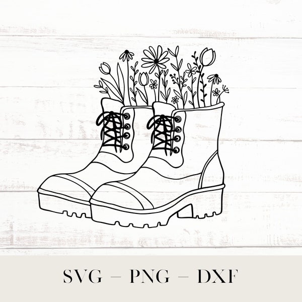 Work Boots Svg, Floral Lace Up Boots SVG, Floral Boots PNG, Boots with Wildflowers, Flower Boot Clipart, Lineart Flower Svg, Floral Shoes