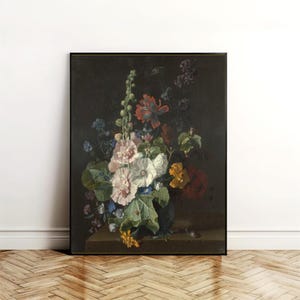 Jan Van Huysum - rosas trémières et otras flores en un jarrón Póster