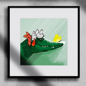Decorative crocodile painting for children&#39;s room of a crocodile and butterflies.