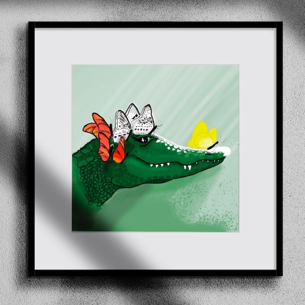 Tableau crocodile décoratif pour chambre d'enfant d'un crocodile et de papillons.