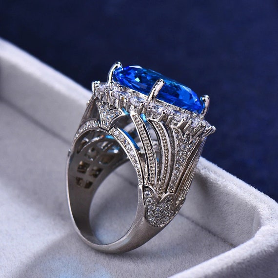 Lujo Femenino Gran Anillo de Piedra Azul Anillos de Boda Color