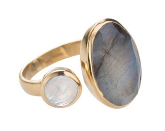 Mistral Labradorite and Moonstone Gemstone Gold Adjustable Open Ring