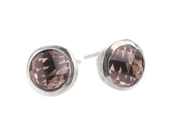 Mistral Large Silver Textured Smokey Quartz Gemstone Stud Earrings