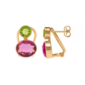 Flora Peridot and Pink Quartz Gemstone Gold Clip-On Earrings
