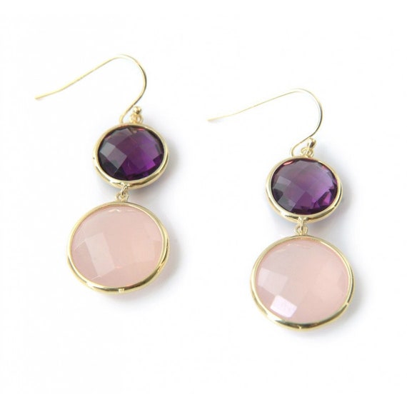 Lucia Rose Quartz and Amethyst Gemstone Long Gold Drop Earrings