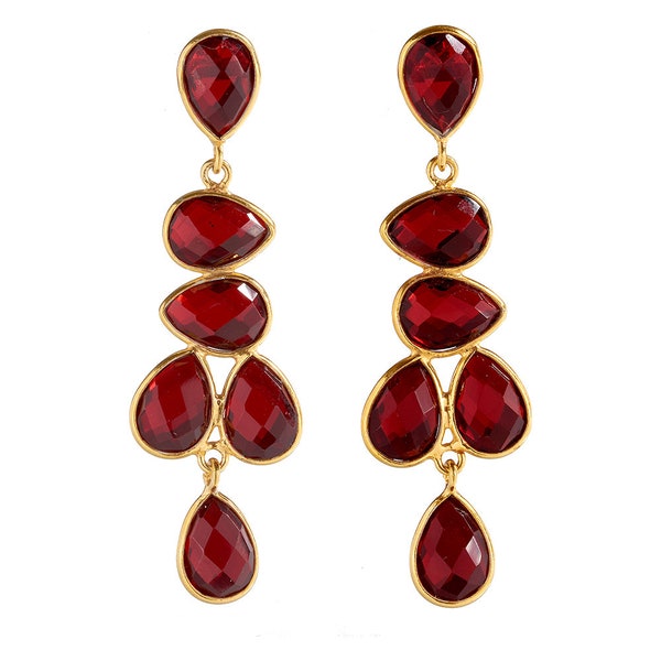 Anya Garnet Birthstone Long Drop Gold Chandelier Statement Earrings