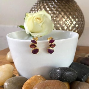 May include: A pair of gold earrings with a curved design featuring three purple gemstones.