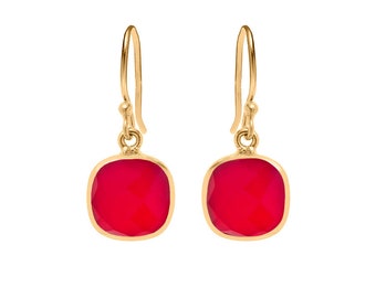 Iona Gold Plated on Silver Square Gemstone Drop Earrings - Fuchsia Quartz