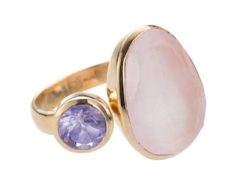 Mistral Rose Quartz and Amethyst Gemstone Gold Adjustable Open Ring