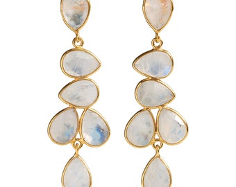 Anya Moonstone Gemstone Long Drop Gold Chandelier Statement Earrings