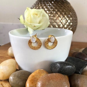 Mistral Gold Textured Hoop Rainbow Moonstone Gemstone Earrings