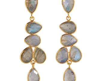 Anya Labradorite Gemstone Long Drop Gold Chandelier Statement Earrings