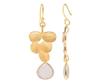 Olena Rose Quartz Gemstone Gold Leaf Design Drop Earrings