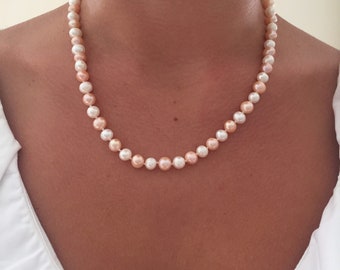 Rocco Single Strand White And Peach Freshwater Pearl Necklace