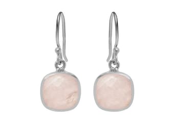 Rose Quartz Gemstone Silver Square Drop Earrings